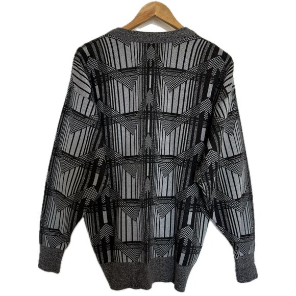 Vintage Cardigan Sweater Men M/L Grey Black 90s Geo Print Aztec Grandpa Retro - Picture 2 of 16